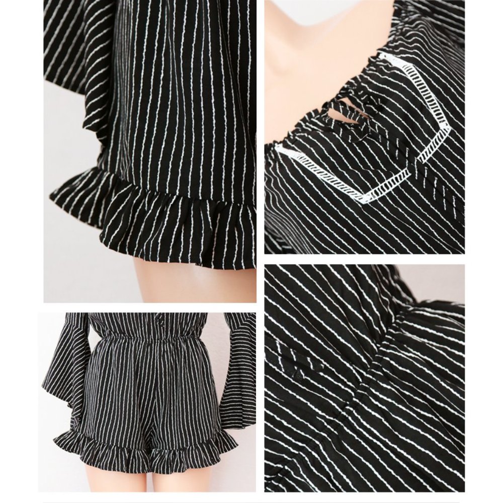 Black Stripe Off Shoulder Bell Sleeves Boho Romper - Picture 6 of 9